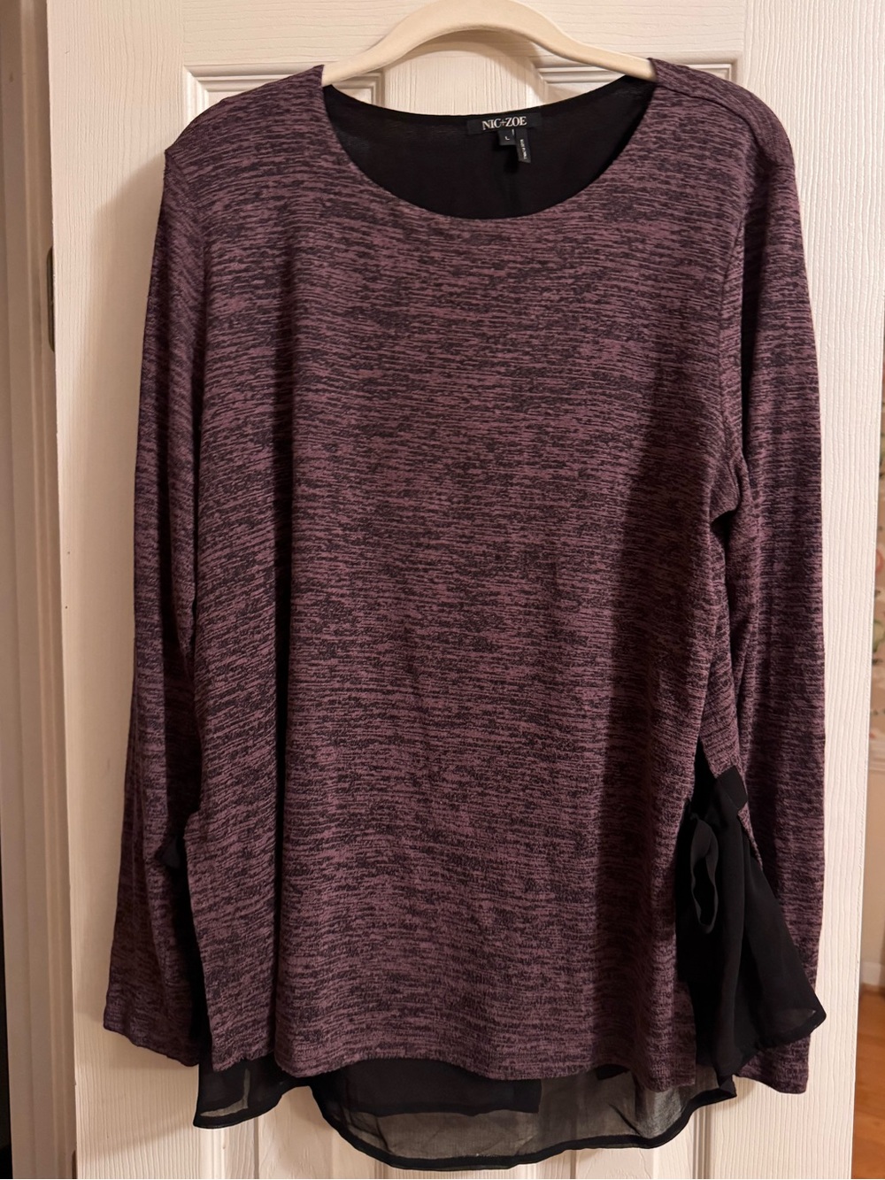 NIC+ZOE Plum Marbled Long-Sleeve Top with Chiffon Hem and Hip Detail